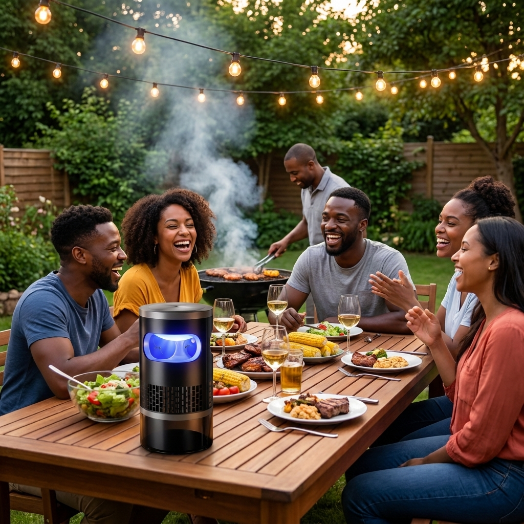 Friends enjoying a bug-free backyard BBQ with The Catcher