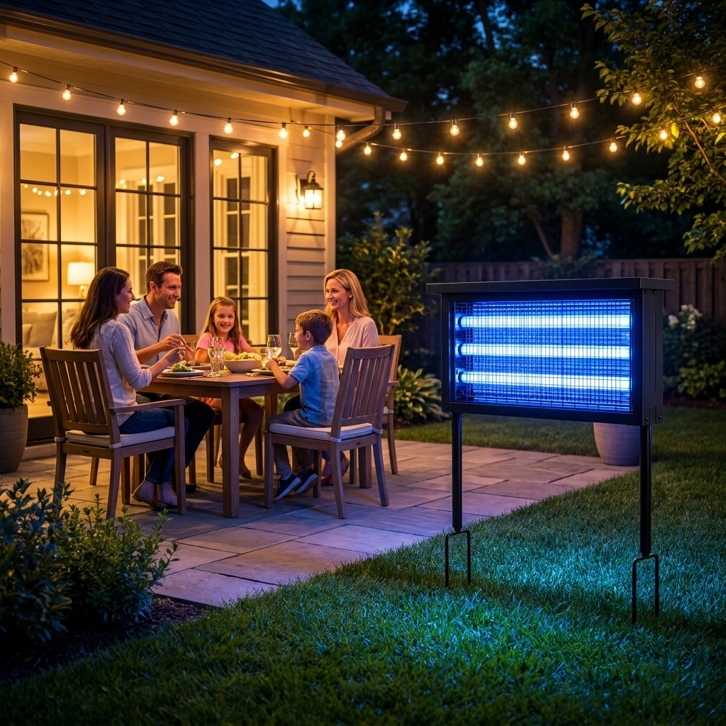Family enjoying a bug-free patio dinner with The Yard Guard staked in the lawn